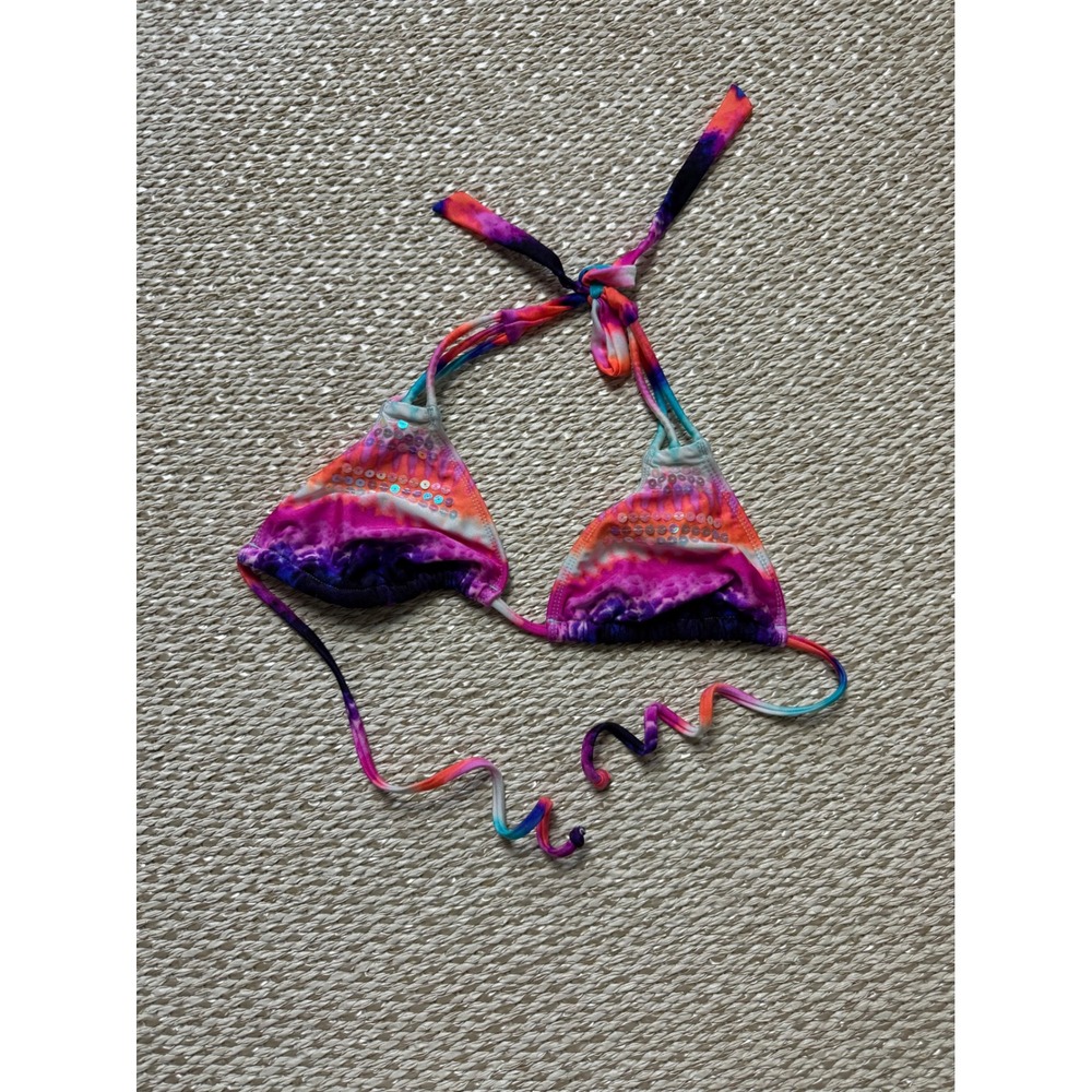 The Bikini Lab Tie Dye Sequin Triangle Bikini Top  Y2K string tie vintage M